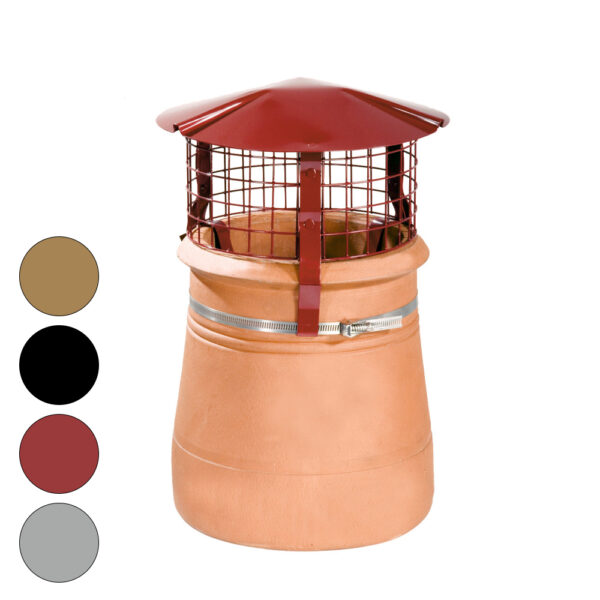 This picture displays the product which is a Brewer Birdguard Chimney Cowl, with circles on the left the depict the various colours this product can come in. This product does not include the chimney itself, just the cowl/birdcage on top