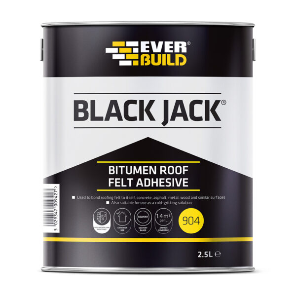 This image displays the front of the product which is a Everbuild Black Jack 904 Roof Felt Adhesive - 2.5 Litre