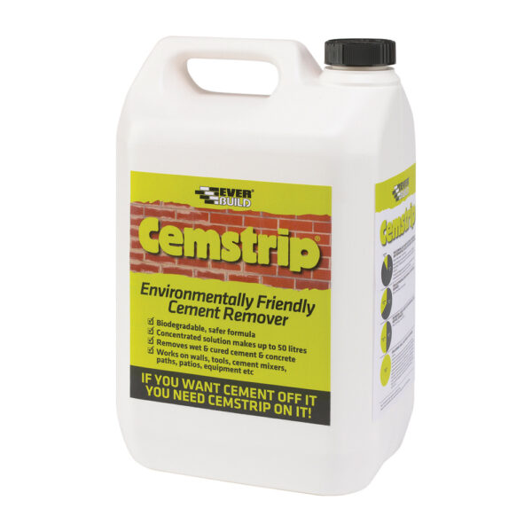 This image displays the front of the product which is a Everbuild Cemstrip Eco-Friendly Cement Mortar Concrete Remover – 5 Litre