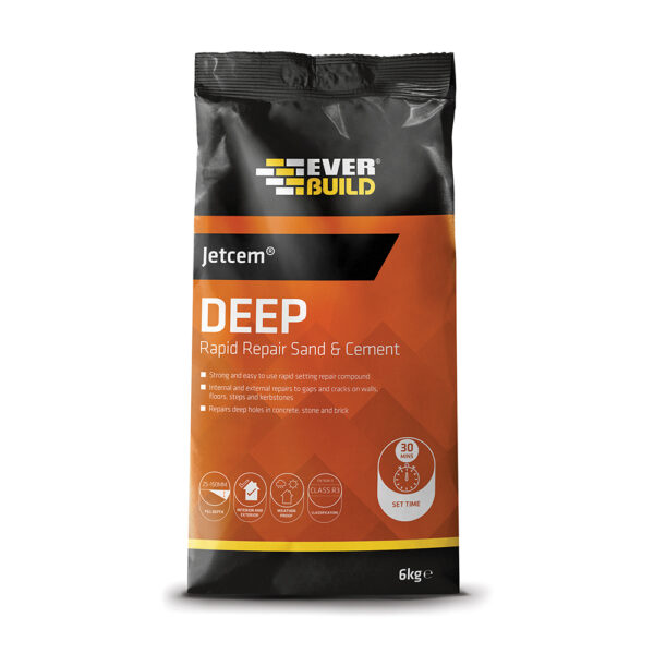 This image displays the front of the product which is a Everbuild Jetcem Deep Rapid Repair Sand & Cement – 6kg