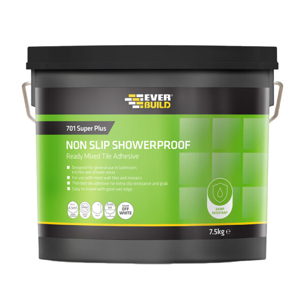 This image displays the front of the product which is a Everbuild 701 Non-Slip Tile Adhesive – White 7.5kg