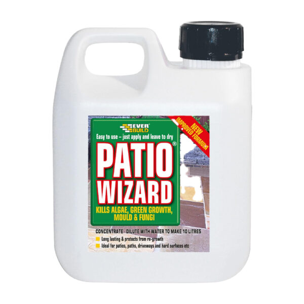 This image displays the front of the product which is a Everbuild Patio Wizard – 1 Litre