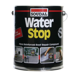 This image displays the front of the product which is a Soudal Water Stop Roof Repair Compound – Grey 4kg