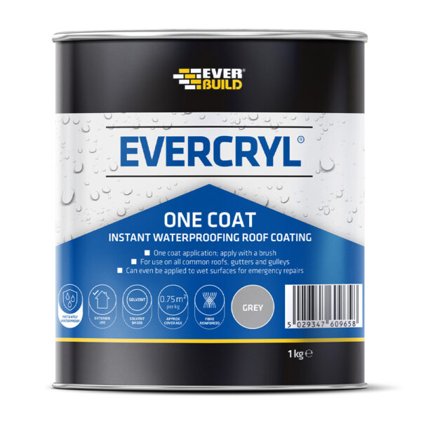 This image displays the front of the product which is a Everbuild Evercryl One Coat – 1kg Grey