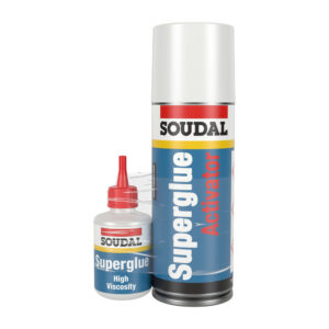 This image displays the front of the product which is a Soudal Mitre Bonding Kit Superglue Adhesive & Activator - 100g / 400ml