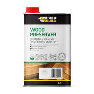 This image displays the front of the product which is a Everbuild Lumberjack Wood Preserver – Clear 1L
