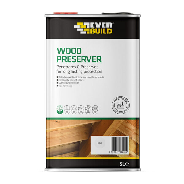 This image displays the front of the product which is a Everbuild Lumberjack Wood Preserver – Clear 5L
