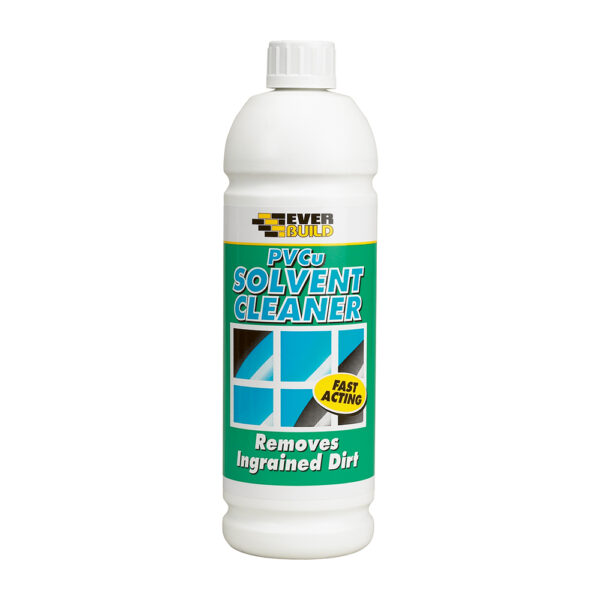This image displays the front of the product which is a Everbuild PVCu Solvent Cleaner – 1 Litre