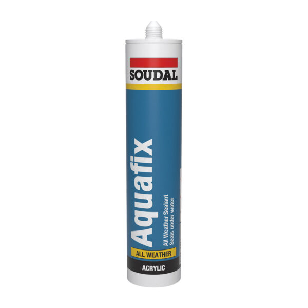 This image displays the front of the product which is a Soudal Aquafix All Weather Sealant – Clear 300ml