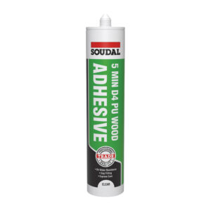 This image displays the front of the product which is a Soudal 5 Minute D4 Wood Adhesive Gel - 290ml