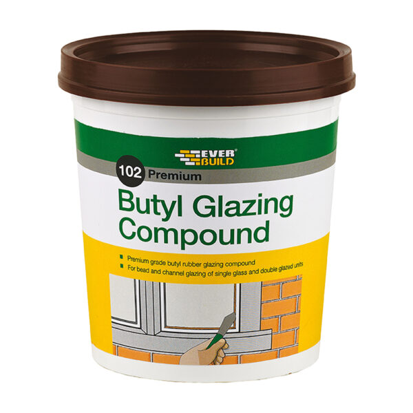 This image displays the front of the product which is a Everbuild 102 Butyl Glazing Compound, Brown - 2kg