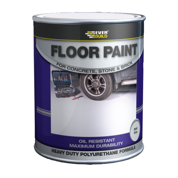 This image displays the front of the product which is a Everbuild Floor Paint Matt Grey - 5 Litre