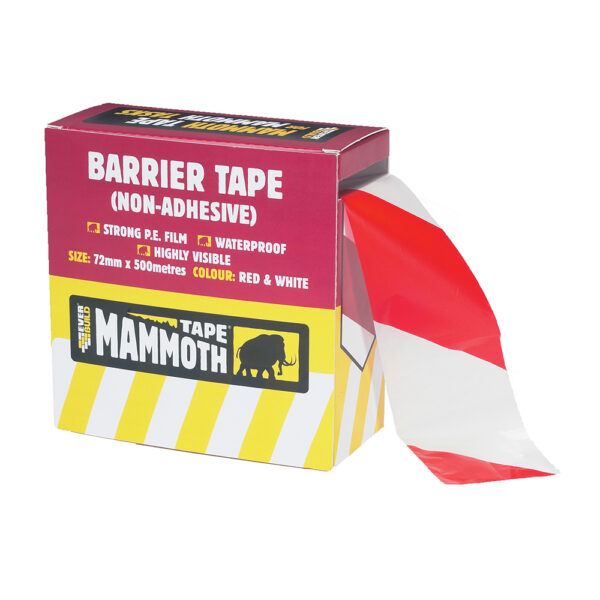 This image displays the front of the product which is Everbuild Mammoth Barrier Tape - Red-White (72mm x 500m)