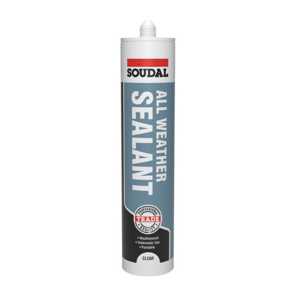 This image displays the front of the product which is a Soudal Trade All Weather Sealant - Clear 290ml