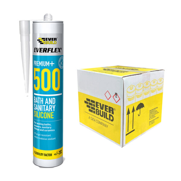 This image displays the front of the product which is a Everbuild Everflex Premium+ 500 Bath & Sanitary Silicone - White 295ml (Box of 25)