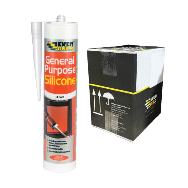 This image displays the front of the product which is a Everbuild General Purpose Silicone - 280ml Clear (Box of 12)