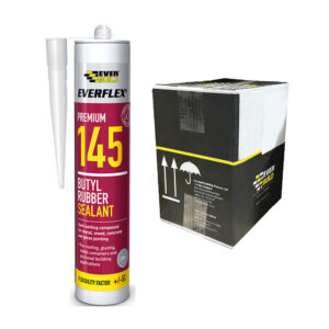 This image displays the front of the product which is a Everbuild Everflex Premium 145 Butyl Rubber Sealant - Grey 300ml (Box of 12)