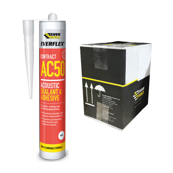 This image displays the front of the product which is a Everbuild Everflex Contract AC50 Acoustic Sealant & Adhesive - White 380ml (Box of 12)