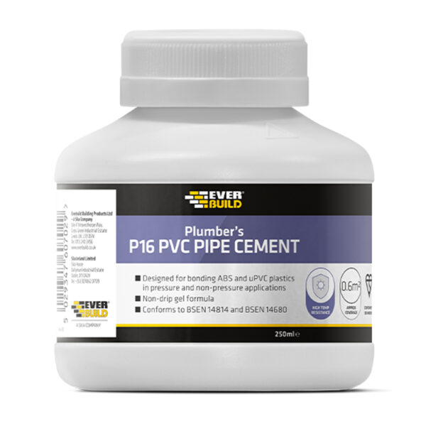 This image displays the front of the product which is a Everbuild Plumbers PVC Pipe Cement - Clear 250ml