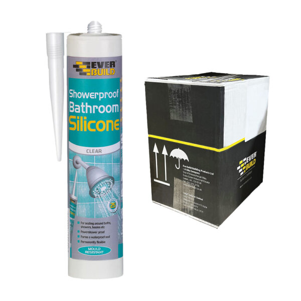 This image displays the front of the product which is a Everbuild Showerproof Bathroom Silicone – Clear 280ml (Box of 12)