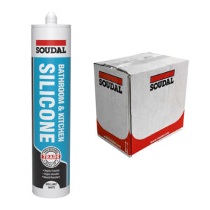 This image displays the front of the product which is a Soudal Trade Bathroom and Kitchen Silicone - Brilliant White 290ml (Box of 12)