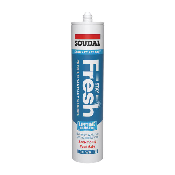 This image displays the front of the product which is a Soudal Acetoxy Stay Fresh Sanitary Silicone Sealant – Ice White 290ml