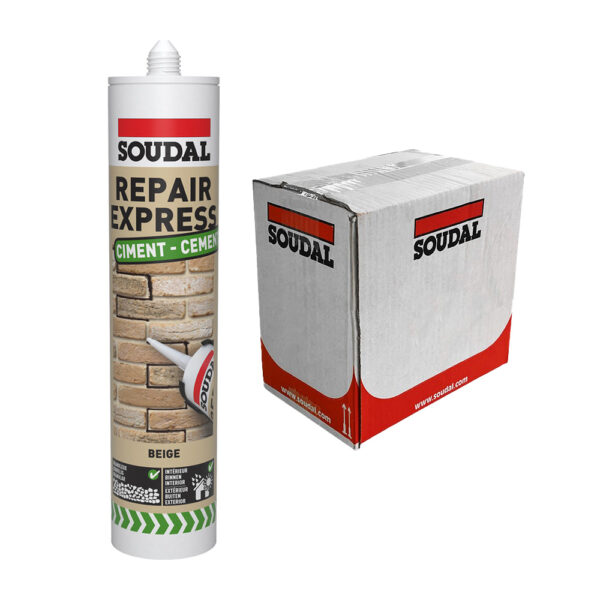 This image displays the front of the product which is a Soudal Repair Express Cement – Beige 290ml (Box of 12)