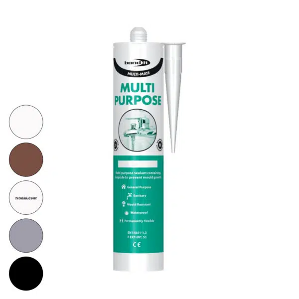 This image display the front of the product which is a Bond It Multi-Mate GP Silicone. It has circles on the left hand side which are different colours which represent the various colours this product comes in.