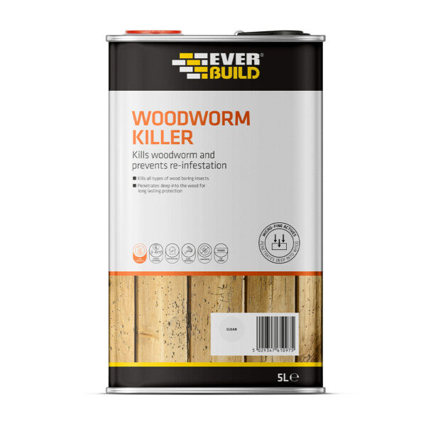 This image displays the front of the product which is a Everbuild Lumberjack® Woodworm Killer - Clear 5L