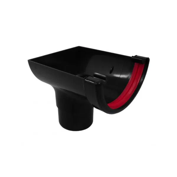 This image displays the front of the product which is a Freeflow 112mm Round Gutter System Stopend Outlet - Black