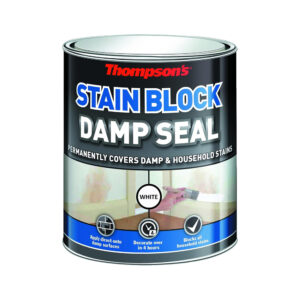 This image displays the front of the product which is a Thompson's Stain Block Damp Seal White - 250ml