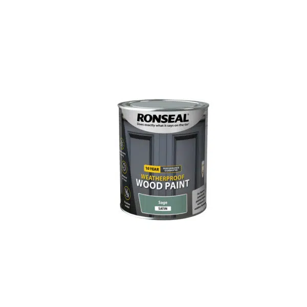 This image displays the front of the product which is a Ronseal 10 Year Weatherproof Wood Paint - Satin 750ml (White)