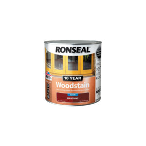 This image displays the front of the product which is a Ronseal 10 Year Woodstain - Mahogany 250ml
