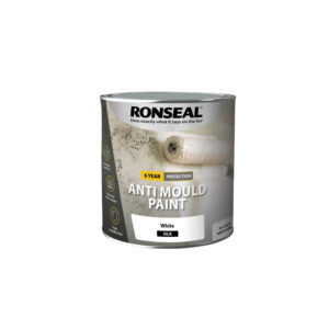 This image displays the front of the product which is a Ronseal 6 Year Anti Mould Paint - White Silk 2.5L