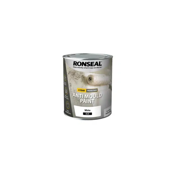 This image displays the front of the product which is a Ronseal 6 Year Anti Mould Paint - White Silk 750ml