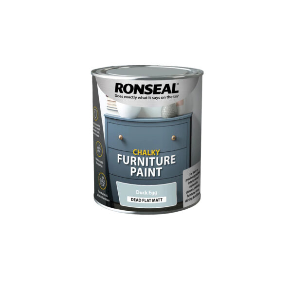 This image displays the front of the product which is a Ronseal Chalky Furniture Paint - Duck Egg 750ml