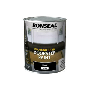 This image displays the front of the product which is a Ronseal Diamond Hard Doorstep Paint - Black Satin 750ml