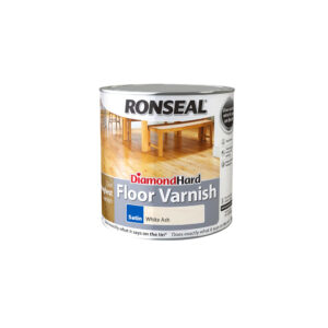 This image displays the front of the product which is a Ronseal Diamond Hard Floor Varnish - White Ash Satin 2.5L