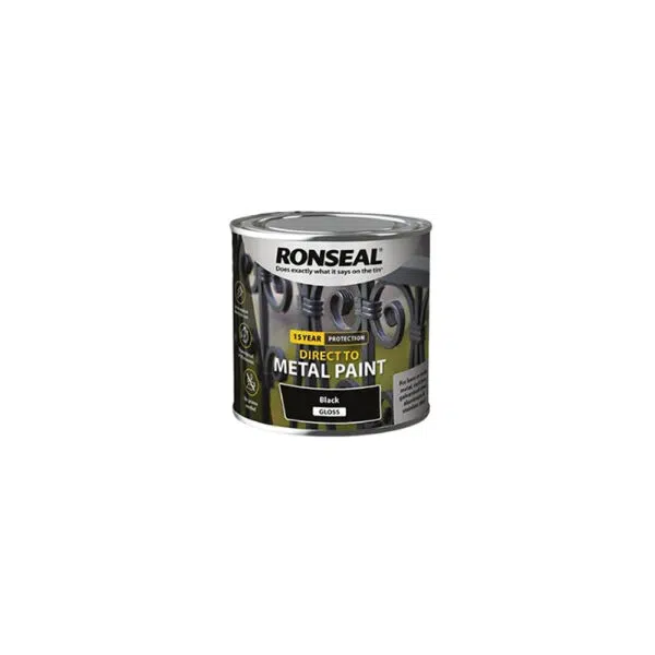 This image displays the front of the product which is a Ronseal Direct to Metal - Black Gloss 250ml