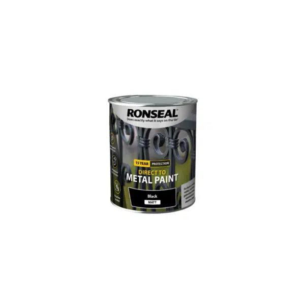 This image displays the front of product which is a Ronseal Direct to Metal - Black Matt 750ml