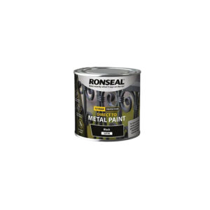 This image displays the front of the product which is a Ronseal Direct to Metal - Black Satin 250ml