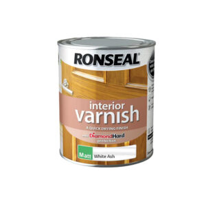 This image displays the front of the product which is a Ronseal Interior Varnish - White Ash Matt 750ml