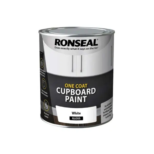 This image displays the front of the eproduct which is a Ronseal One Coat Cupboard Melamine & MDF Paint - White Gloss 750ml
