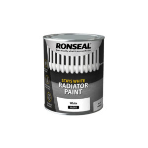 This image displays the front of the product which is a Ronseal One Coat Stays White Radiator Paint - Gloss 750ml