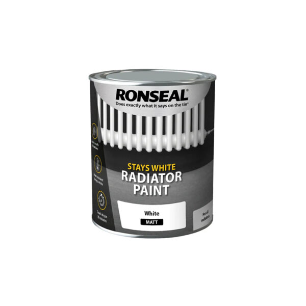 This image displays the front of the product which is a Ronseal One Coat Stays White Radiator Paint - Matt 750ml