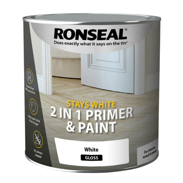 This image displays the front of the product which is a Ronseal Stays White 2in1 - White Gloss 2.5L