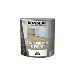 This image displays the front of the product which is a Ronseal Stays White 2in1 - White Matt 750ml