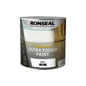 This image displays the front of the product which is a Ronseal Stays White Ultra Tough White Matt Paint - 750ML