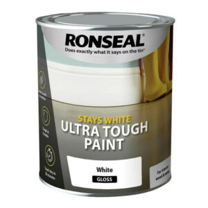 This image displays the front of the product which is a Ronseal Stays White Ultra Tough White Gloss Paint - 2.5L
