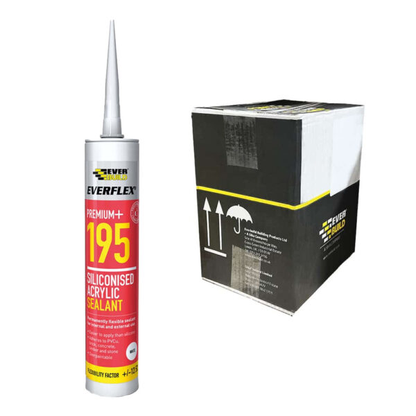 This image displays the front of the product which is a Everbuild Everflex 195 Siliconised Acrylic Sealant - White 300ml (Box of 12)